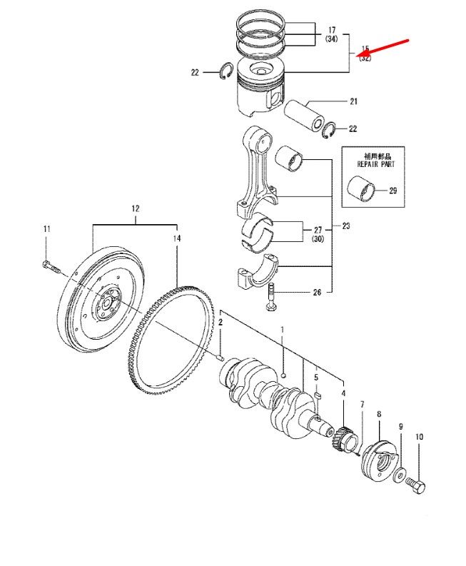 129005-22900 Поршень с кольцом для двигателей Yanmar 3TNV88, 4TNV88