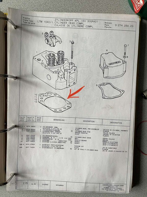 9277945 Прокладка Головки Блока Цилиндров Liebherr D910, D914, D916, D920, D924, D926 (927794523)
