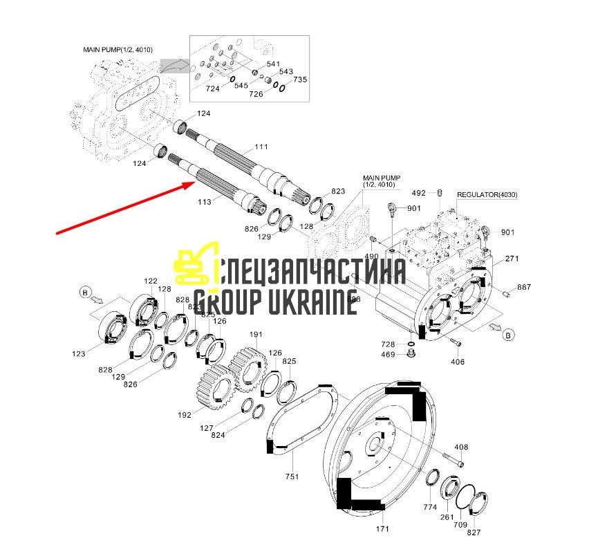 XJBN-00789 Вал гидронасоса ведомый Kawasaki K3V112DP Hyundai
