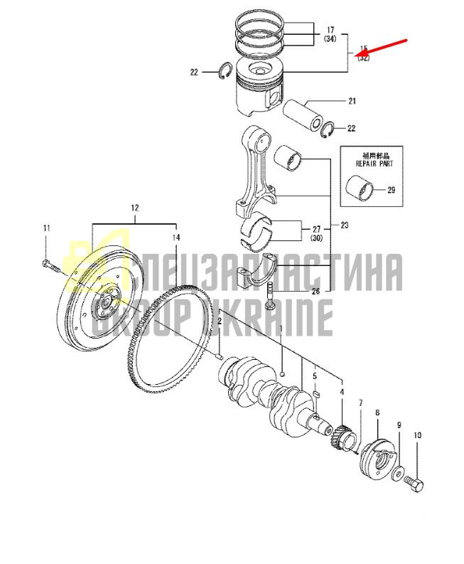 129005-22900 Поршень с кольцом для двигателей Yanmar 3TNV88, 4TNV88