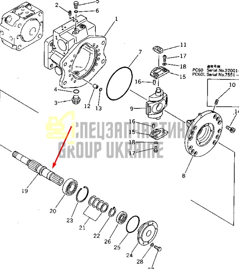Вал гідронасосу 708-21-12711 для гідравліки Komatsu HPV35 Handok