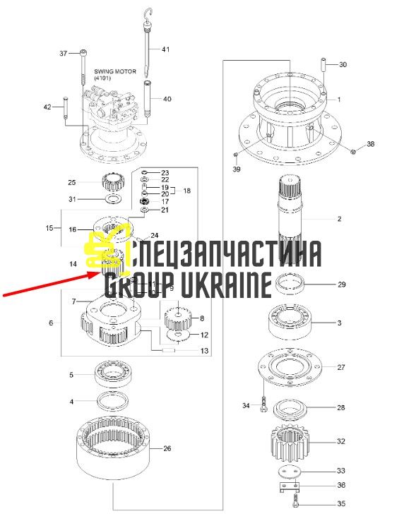 XKAQ-00436 Шестерня солнечная редуктора хода Hyundai R290, R300, R305, R320, R340